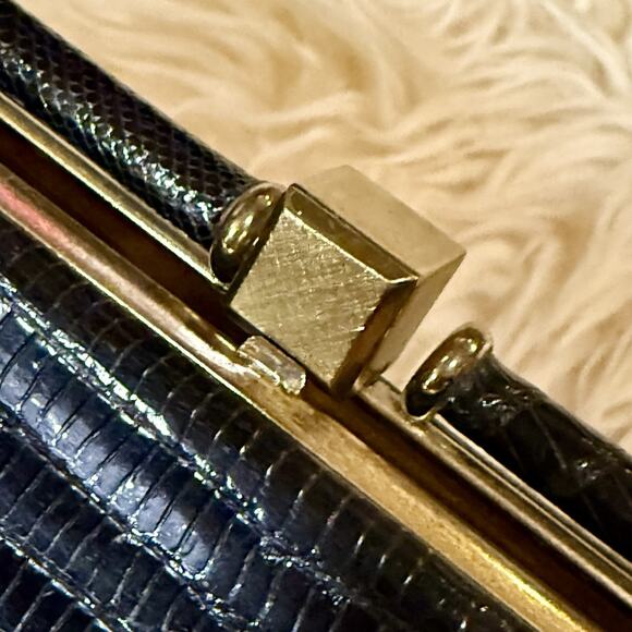 Vintage 50s 60s Black Lizard Top-handle Structured Purse Luxury Handbag MCM Glam - Picture 12 of 16